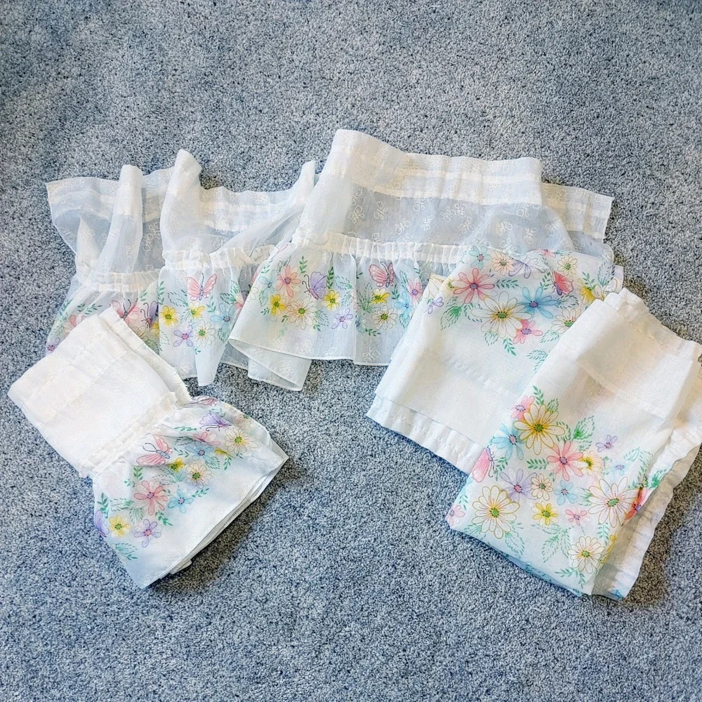 Vtg Whimsical White Sheer Floral Butterfly Curtain 2 Valance 2 Panels Pastel